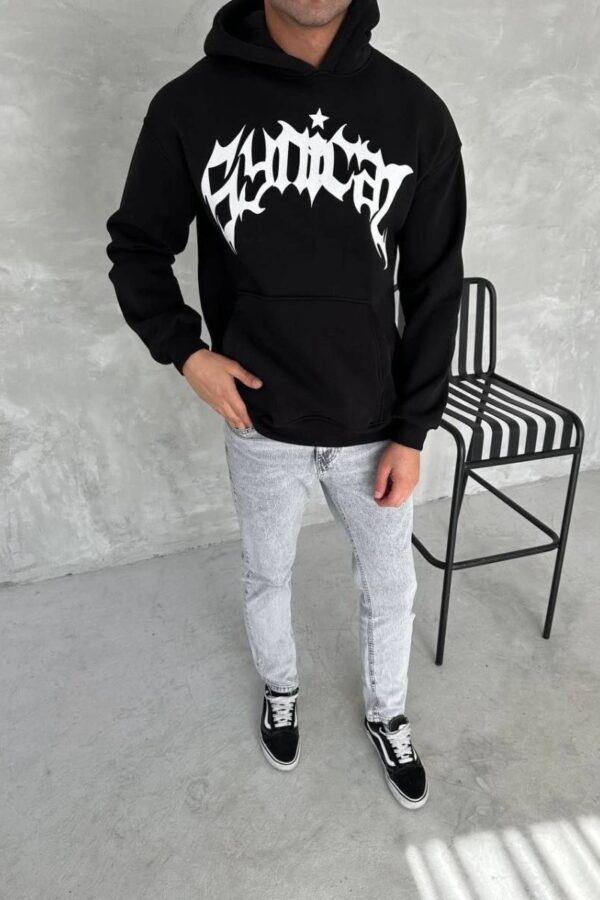 Erkek 3 İplik Pamuklu Kapüşonlu Baskılı Cepli Oversize Sweatshirt Hoodie - Siyah