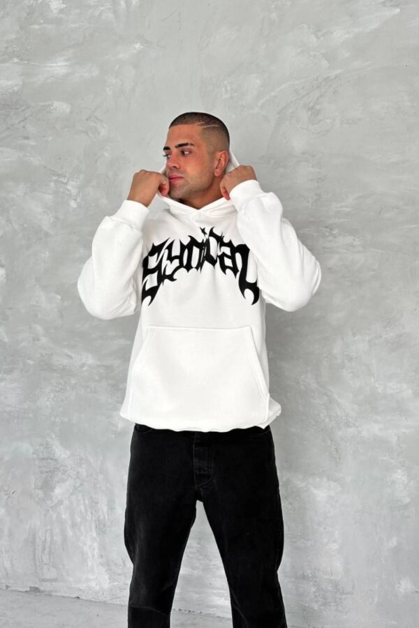 Erkek 3 İplik Pamuklu Kapüşonlu Baskılı Cepli Oversize Sweatshirt Hoodie - Beyaz