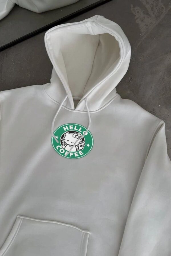 Kadın Oversize Kapüşonlu Kanguru Cepli Baskılı 3 İplik Pamuklu Sweatshirt Hoodie -   Beyaz