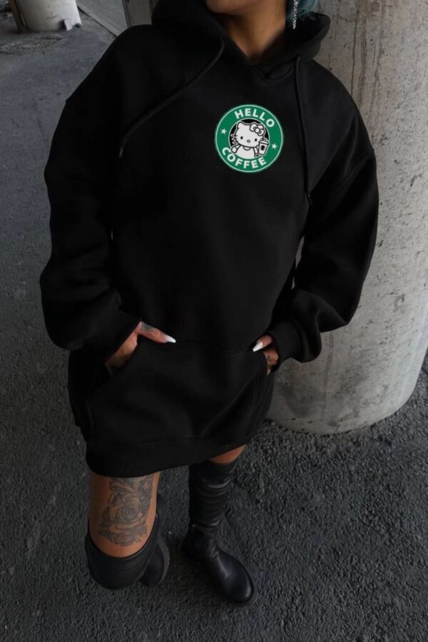 Kadın Oversize Kapüşonlu Kanguru Cepli Baskılı 3 İplik Pamuklu Sweatshirt Hoodie -   Siyah