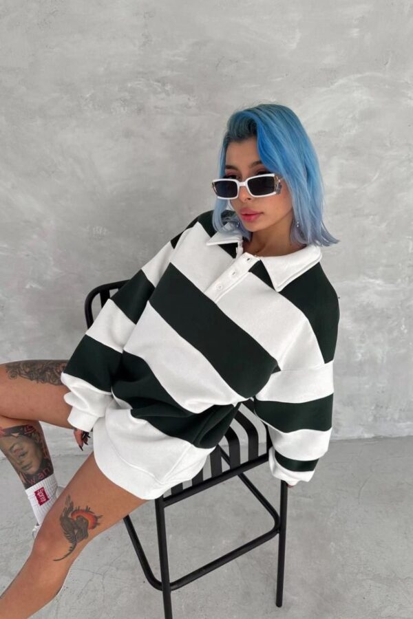 Kadın 3 iplik Pamuklu Parçalı Yakalı SweatShirt - Yeşil