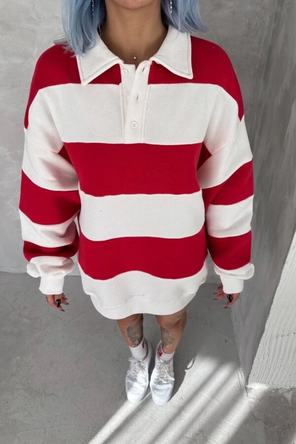 Kadın 3 İplik Pamuklu Parçalı Yakalı SweatShirt - Kırmızı