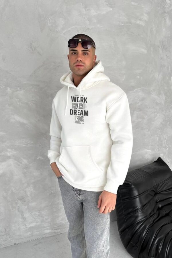 Erkek Kapüşonlu Kanguru Cepli Sweatshirt 3 İplik Pamuklu Baskılı Hoodie - Beyaz