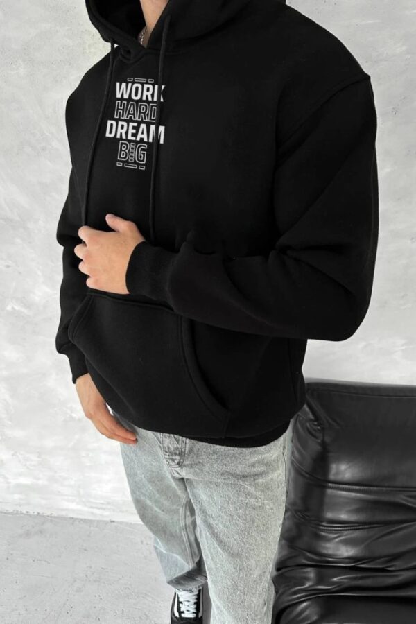 Erkek Kapüşonlu Kanguru Cepli Sweatshirt 3 İplik Pamuklu Baskılı Hoodie - Siyah