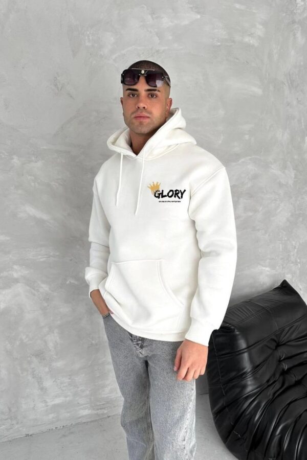 Erkek Kapüşonlu Kanguru Cepli Sweatshirt 3 İplik Pamuklu Baskılı Hoodie - Beyaz