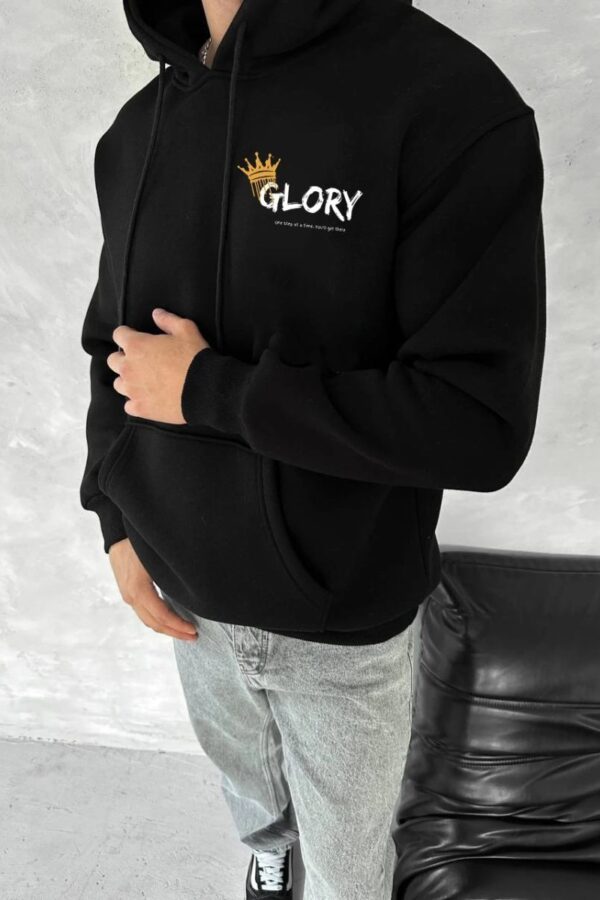 Erkek Kapüşonlu Kanguru Cepli Sweatshirt 3 İplik Pamuklu Baskılı Hoodie - Siyah