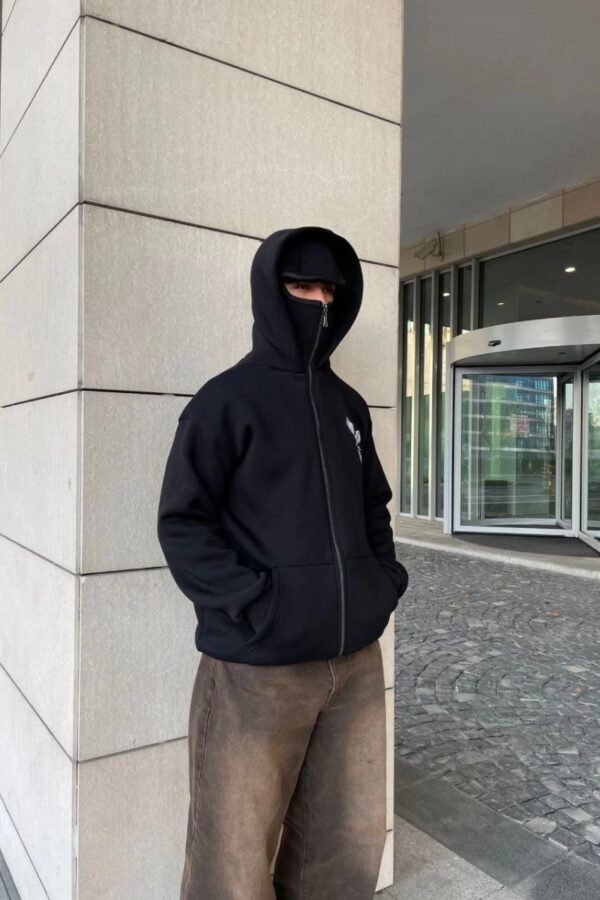 Erkek 3 iplik Samuray kapüşonlu ZIP Fermuarlı SweatShirt Hoodie - Siyah