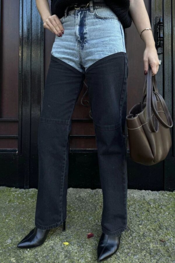 Kadın Jeans Kot Parçalı Palazzo Pantolon - Siyah
