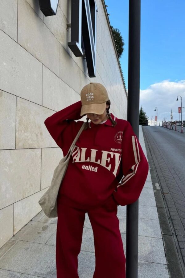 Kadın 3 İplik Pamuklu Yakalı Sweat Baggy Pantolonlu Takım - Bordo