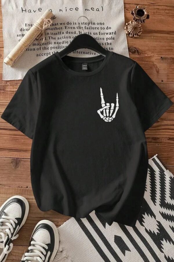 Kadın Baskılı T-Shirt Kısa Kol Bisiklet Yaka Oversize Rahat Kalıp Tişört - Siyah