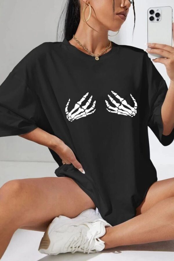 Kadın Baskılı T-Shirt Kısa Kol Bisiklet Yaka Oversize Rahat Kalıp Tişört - Siyah