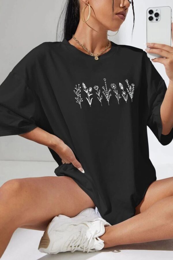 Kadın Baskılı T-Shirt Kısa Kol Bisiklet Yaka Oversize Rahat Kalıp Tişört - Siyah