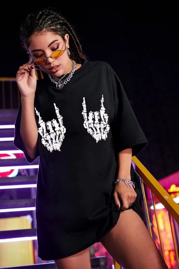 Kadın Baskılı T-Shirt Kısa Kol Bisiklet Yaka Oversize Rahat Kalıp Tişört - Siyah