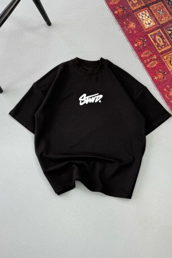 Erkek Kısa Kol Yazlık Tişört Bisiklet Yaka Baskılı Oversize T-Shirt - Siyah