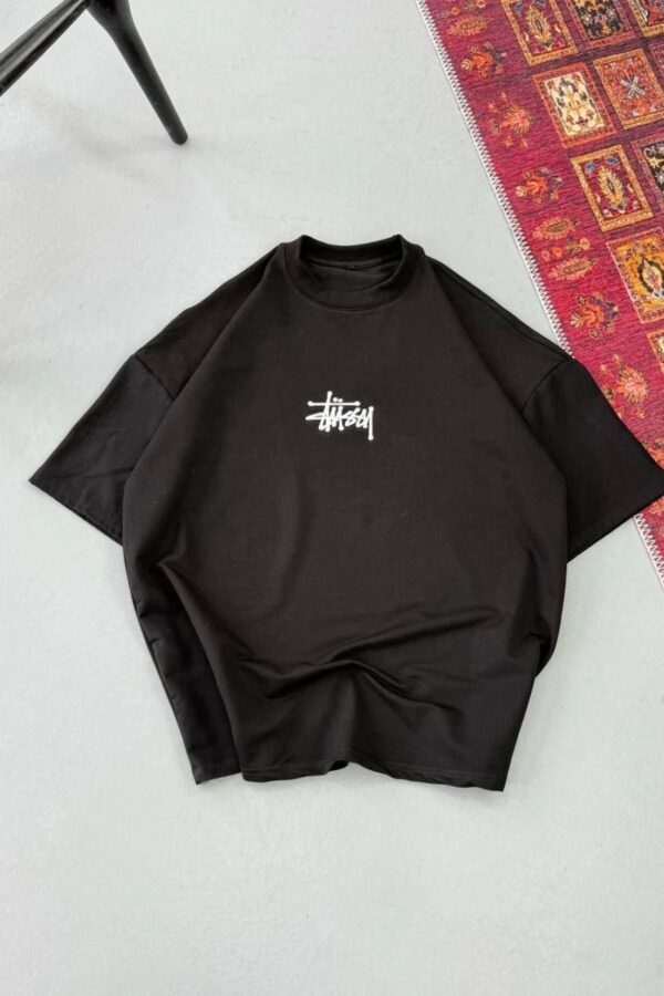 Erkek Kısa Kol Yazlık Tişört Bisiklet Yaka Baskılı Oversize T-Shirt - Siyah