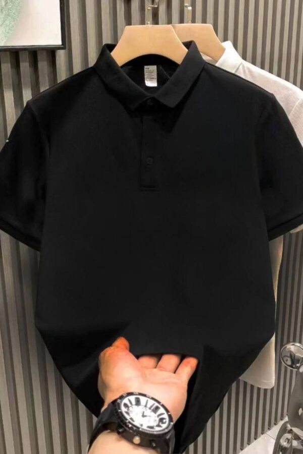 Erkek Polo Yaka Pike Kumaş Yazlık Tişört Düğmeli Düz kısa kol T-Shirt - Siyah