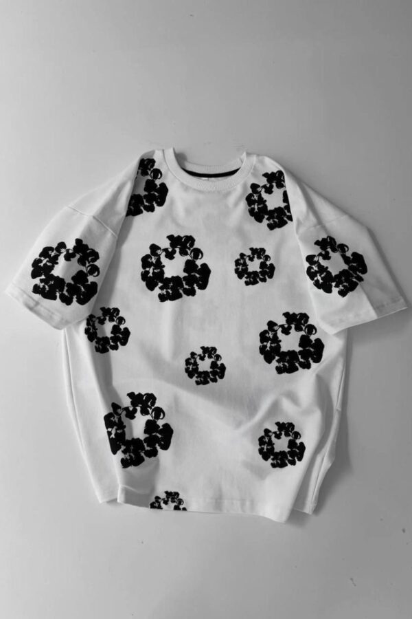Erkek Tişört Ön ve Arka Baskılı Oversize Bisiklet Yaka T-shirt- Beyaz