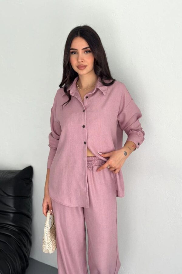 Kadın Gömlek Pantolon ikili Alt-Üst Takım - Toz Pembe
