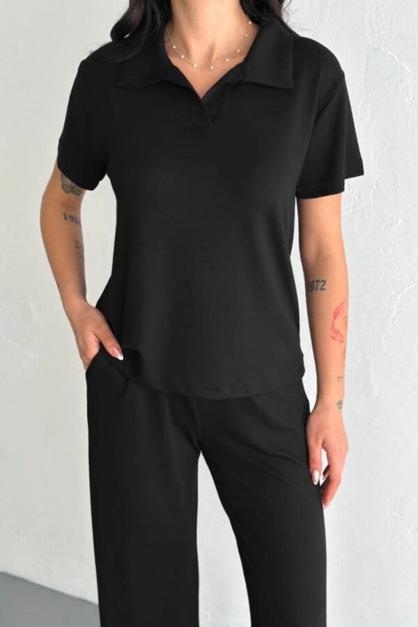 Kadın Osy Modal Yumuşak Dokulu Kumaş Kısa Kollu Yakalı T-shirt Pantolon ikili Takım- Siyah