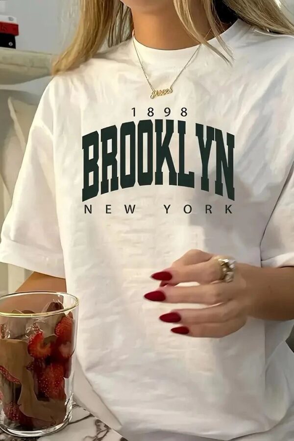 Kadın Tişört Bisiklet Yaka Brooklyn Baskılı Kısa Kollu T-shirt - Beyaz