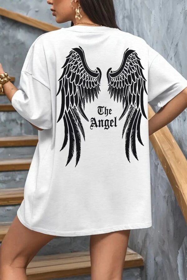 Kadın Kısa Kol Tişört Bisiklet Yaka Angel Melek Kanadı Baskılı T-Shirt - Beyaz