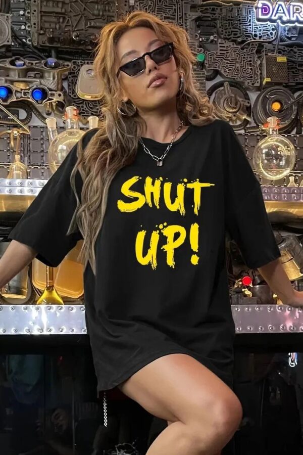 Kadın Tişört Shut up Baskılı Bisiklet Yaka Kısa Kol T-shirt - Siyah