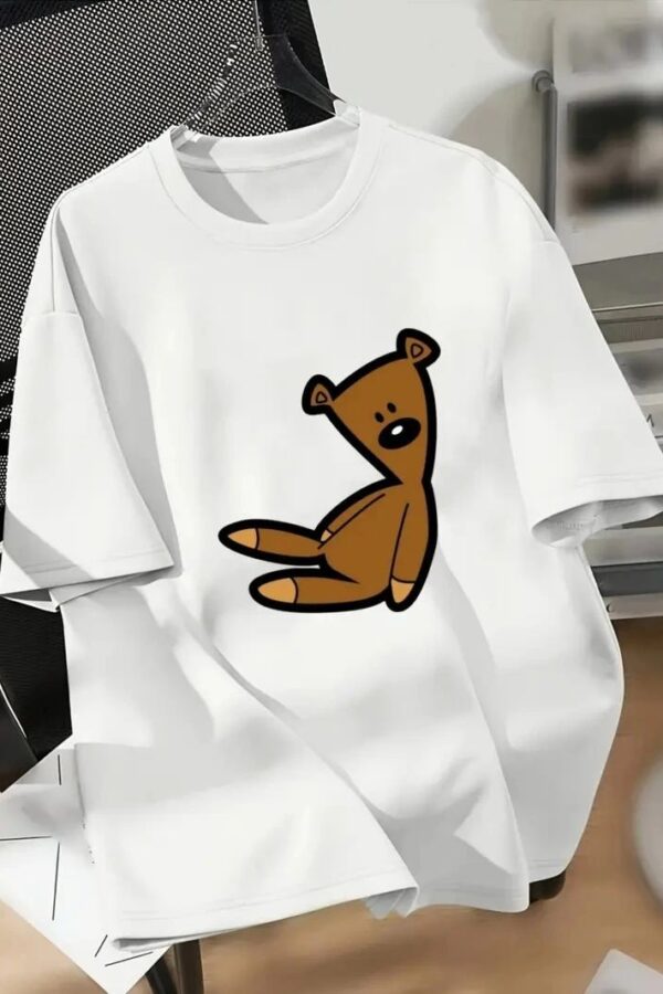 Kadın Tişört Bisiklet yaka Ayı Baskılı yazlık Kısa Kol T-shirt - Beyaz