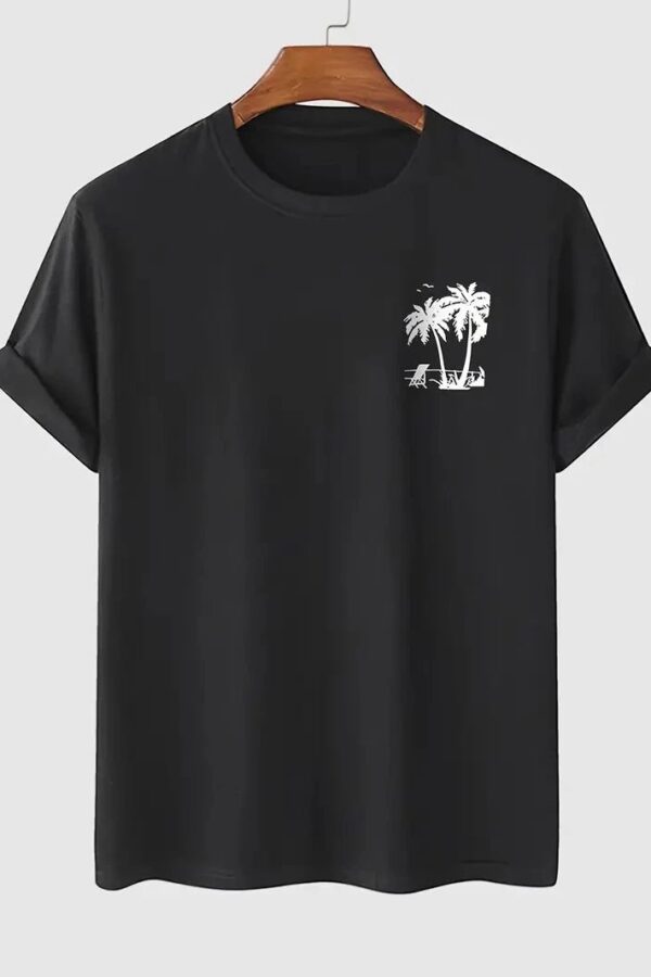 Erkek Kısa Kol Yazlık Tişört Bisiklet Yaka Palmiye Baskılı T-Shirt - Siyah