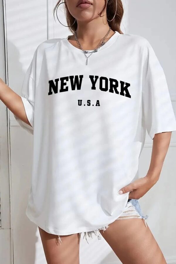 Kadın New York Baskılı Tişort Kısa Kol Bisiklet Yaka T-shirt - Beyaz