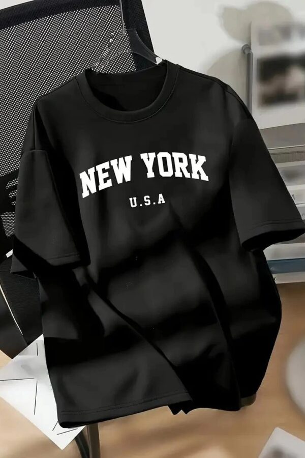 kadın New York Baskılı Tişört Kısa Kol Bisiklet Yaka T-shirt - Siyah