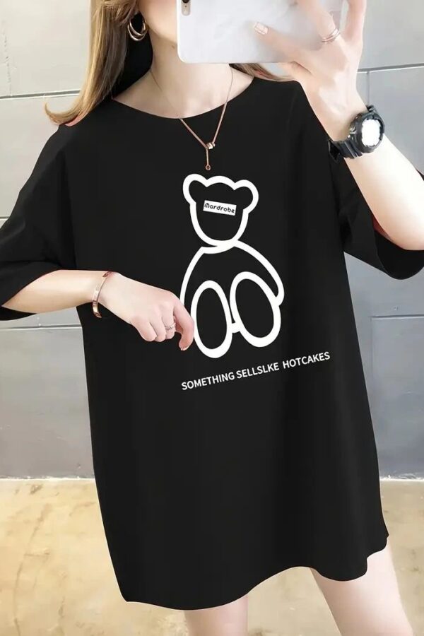 Kadın Tişört Penye Compack Baskılı Oversize Bisiklet Yaka T-shirt - Siyah