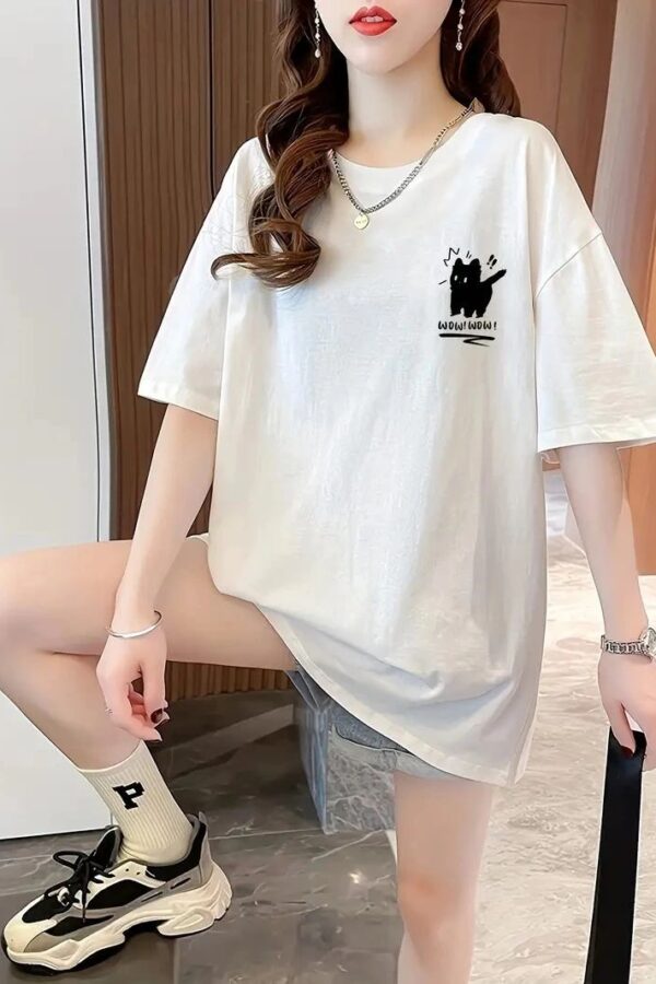 Kadın Tişört Penye Compack Tatlı Kedi Baskılı Bisiklet Yaka T-shirt - Beyaz