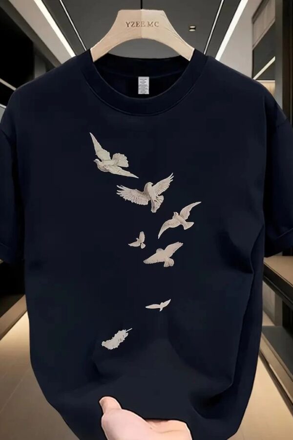 Erkek Özgür Kuşlar Baskılı Tişört Yazlık Bisiklet Yaka Kısa Kol T-Shirt - Beyaz