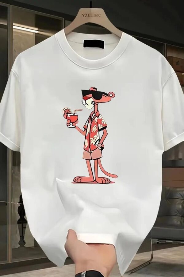 Erkek Bisiklet yaka t-shirt Pembe Panter Baskılı Kısa Kollu Tişört - Beyaz