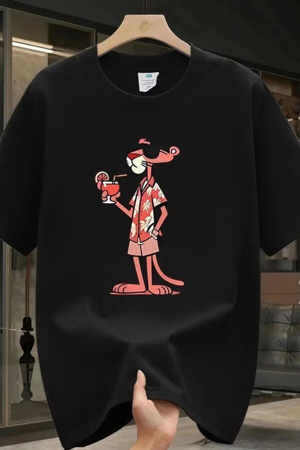 Erkek T-Shirt Pembe Panter Baskılı Kısa Kollu Tişört - Siyah