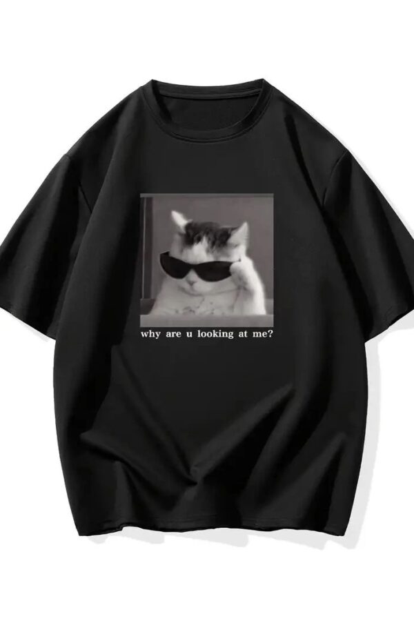 Erkek T-Shirt Komik Kedi Baskılı kısa kol Tişört - Siyah