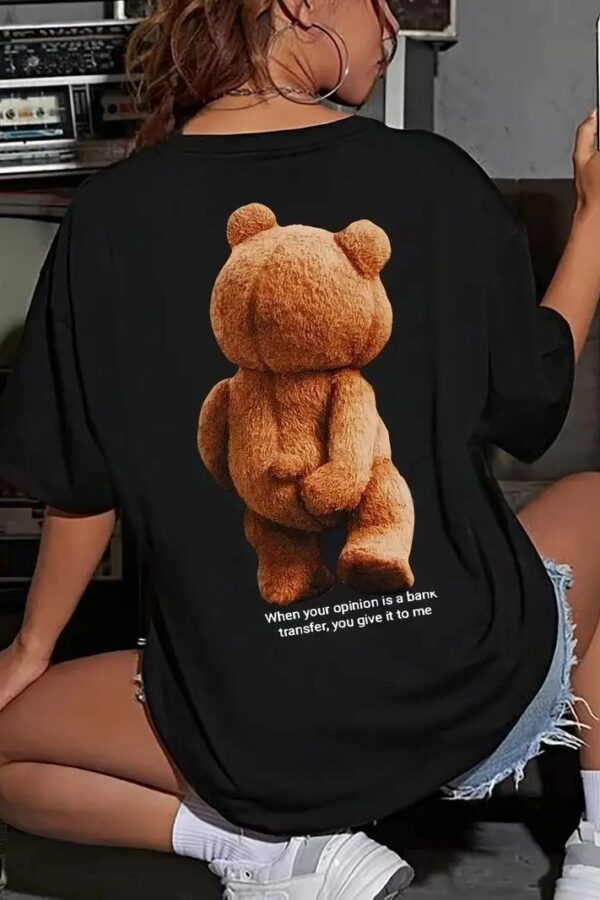 Kadın Tişört Büyük Boy Ayıcık Baskılı Bisiklet Kısa kol t-shirt - Siyah