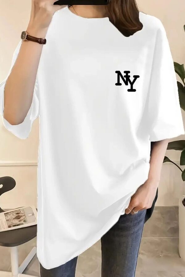 Kadın T-shirt Eğlenceli Harf NY Baskılı Bisiklet Yaka Tişört - Beyaz