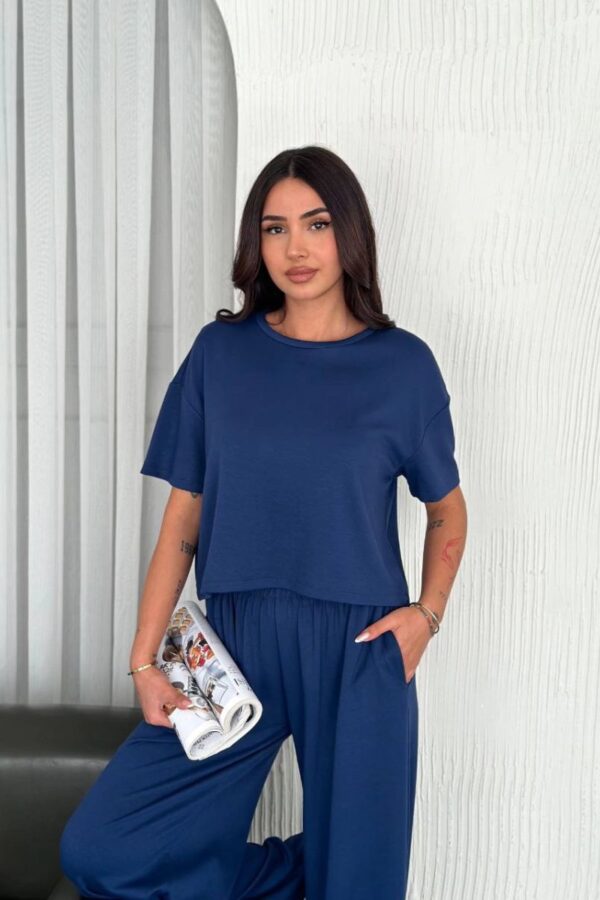 Kadın Osy Modal Yumuşak Dokulu Kumaş Bisiklet Yaka T-shirt Pantolon ikili Takım -Saks Mavisi