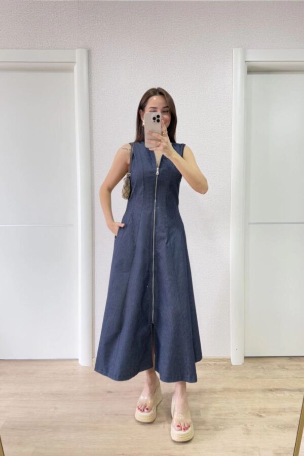 Kadın Jeans Kot Önü Tam Fermuarlı  Uzun Elbise - Mavi