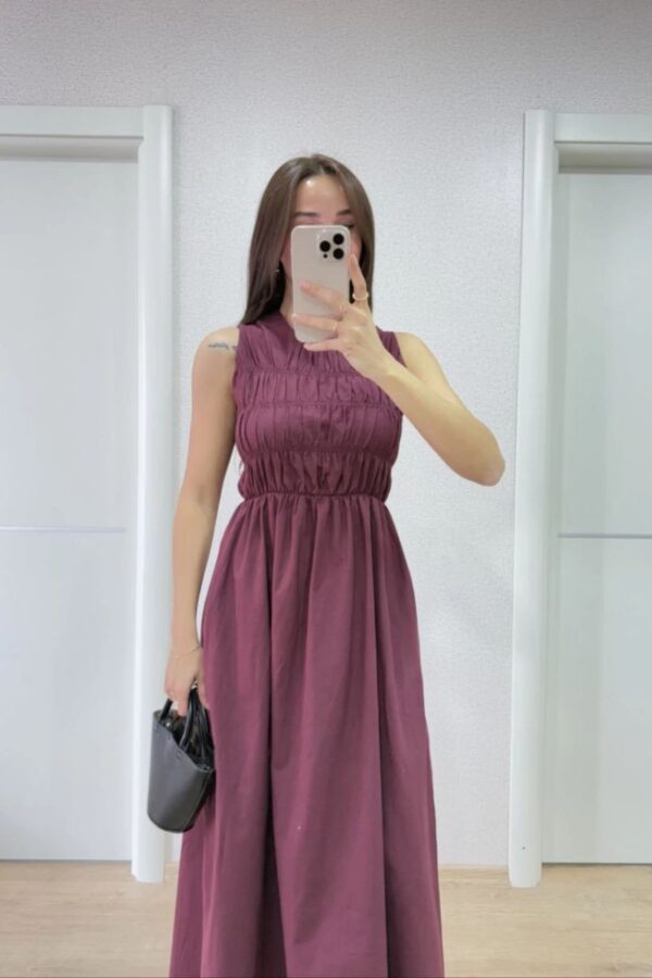 Kadın Kolsuz Göğüs Lastıklı %100 Poplin Uzun Elbise - Bordo