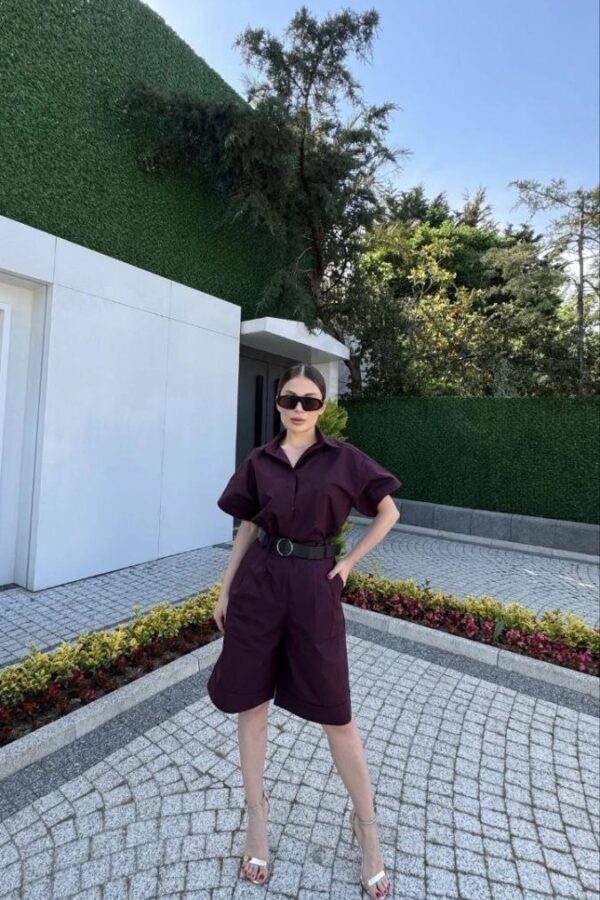 Kadın Yakalı Gömlek Kemerli Şortlu Alt-Üst Takım - Bordo