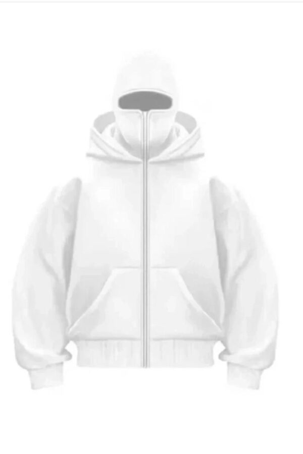 Samuray Ninja Çift Kapşonlu ZIP Fermuarlı Kanguru Cepli Tam Fermuarlı Hoodie Swetshirt - Beyaz