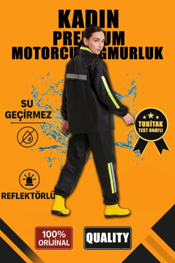 Kadın Premium Motorcu Kurye Yağmurluk Takım Su Geçirmez PVC Reflektörlü Siyah
