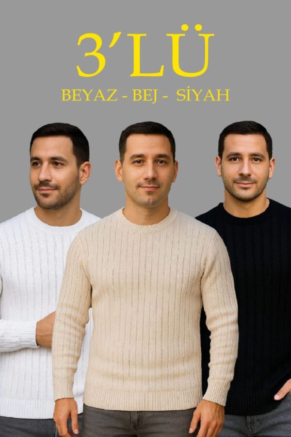Erkek Fitilli Triko Kazak 3’lü Set Bej Beyaz Siyah | Kalın Dokuma Pamuklu Regular Fit
