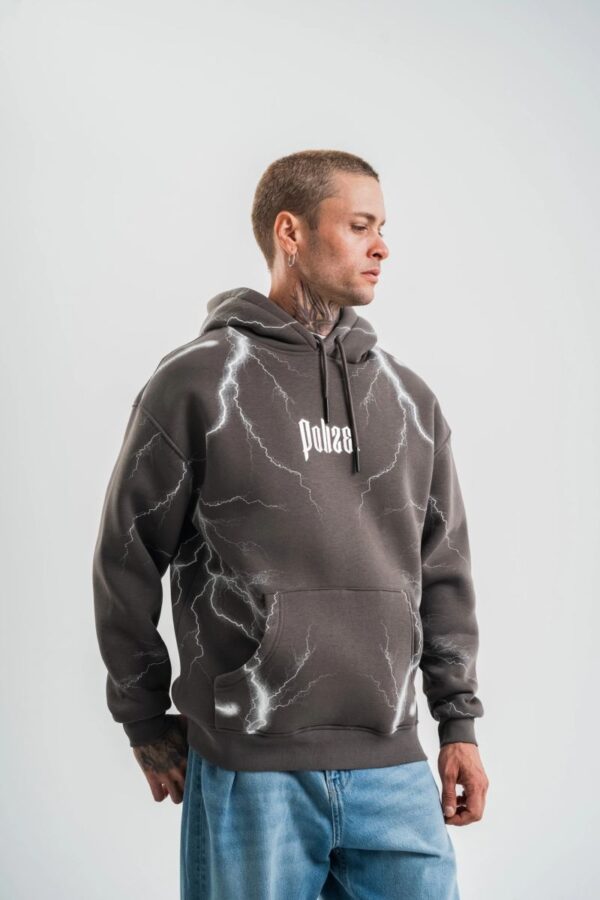Erkek Baskılı Kapüşonlu Oversize 3 İplik Pamuklu SweatShirt Hoodie - Füme