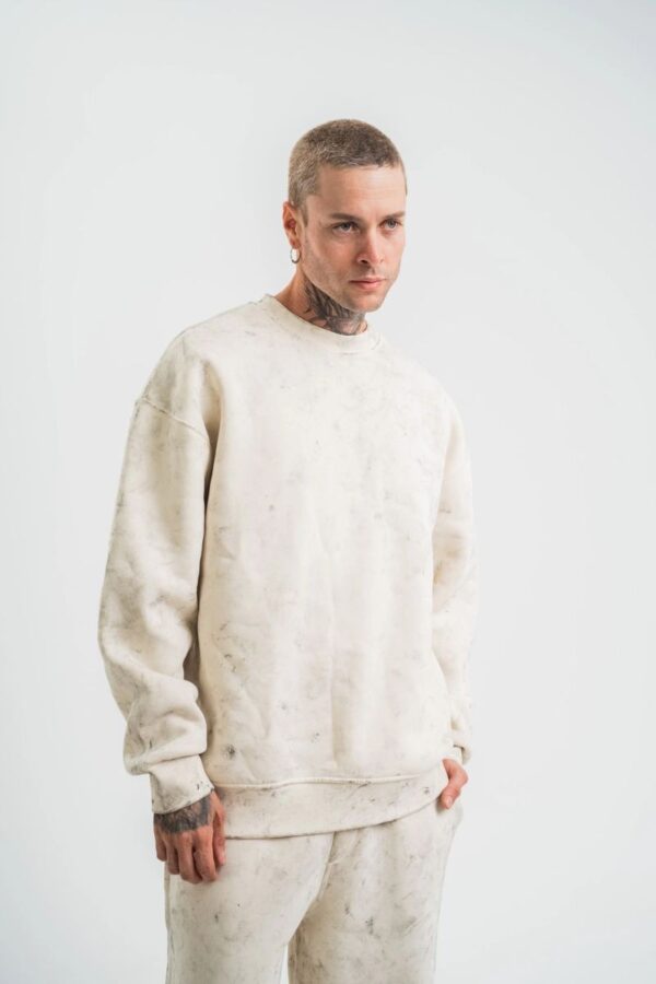 Erkek 3 İplik Pamuklu Yağ Yıkamalı Bisiklet Yaka Sweatshirt Oversize Hoodie - Krem