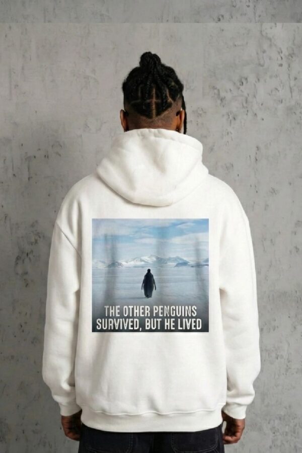 Erkek Survivor Penguin Baskılı 3 İplik Pamuklu Kapüşonlu Sweatshirt Hoodie Beyaz