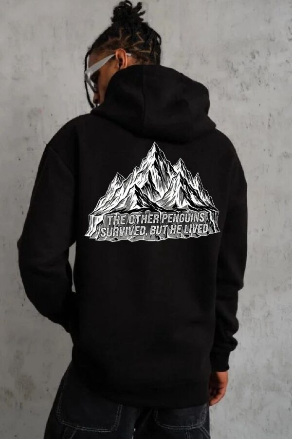 Erkek Nihilist Penguen Baskılı 3 İplik Pamuklu Kapüşonlu Sweatshirt Hoodie Siyah
