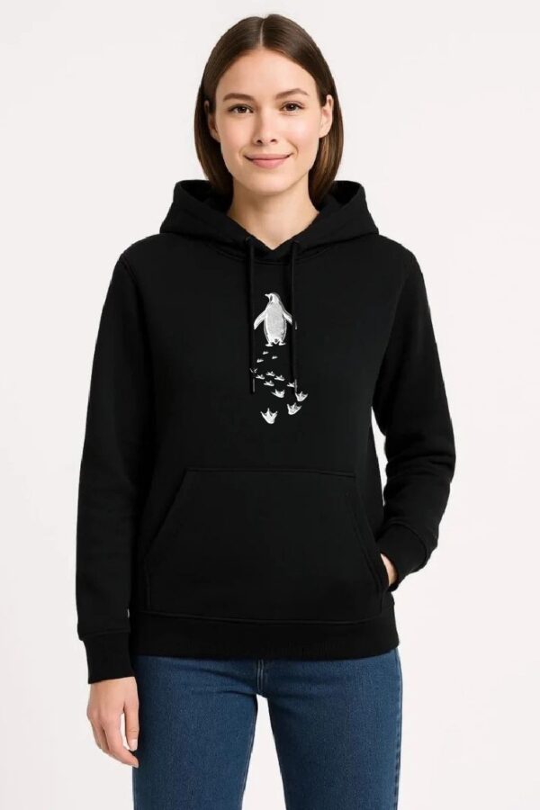 Kadın 3 İplik Pamuklu Kapüşonlu Hoodie Sweatshirt Nihilist Penguen Baskılı - Siyah